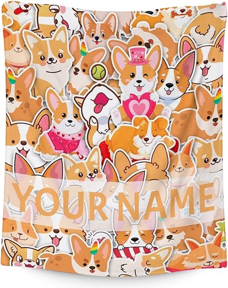 Personalized Corgi Blanket Gifts with Name - 50"x60" Cute Throw for Adults, Kids - Colorful Soft Fuzzy Blankets for Bed, Couch & Living Room