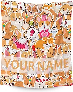 Personalized Corgi Blanket Gifts with Name - 50"x60" Cute Throw for Adults, Kids - Colorful Soft Fuzzy Blankets for Bed, Couch & Living Room