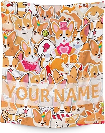 Personalized Corgi Blanket Gifts with Name - 50"x60" Cute Throw for Adults, Kids - Colorful Soft Fuzzy Blankets for Bed, Couch & Living Room