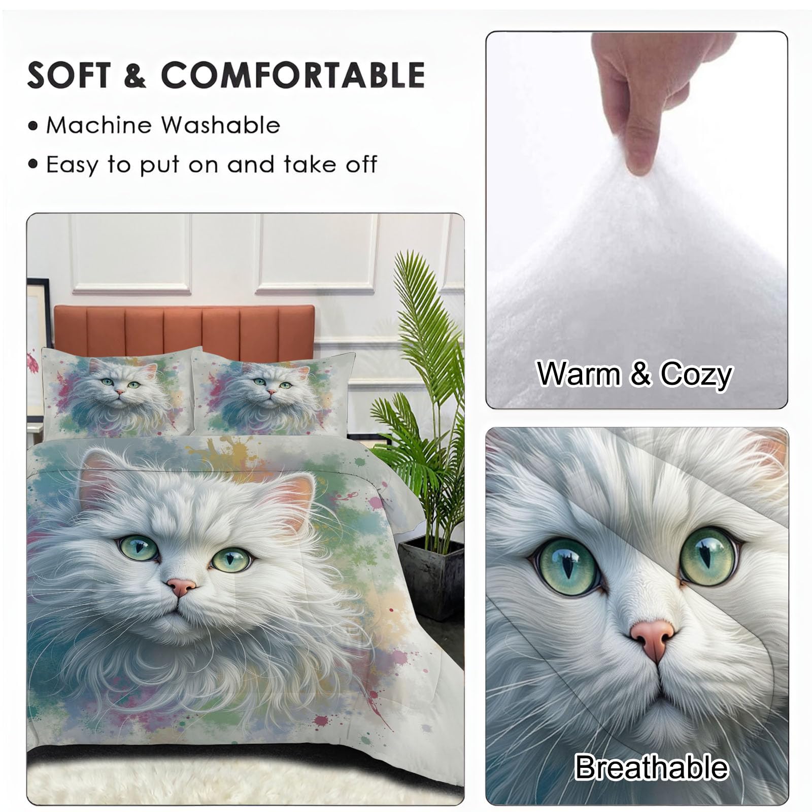 Edredón Relleno Nórdico Cama 90,Edredón de Fibra 200gr/m², 140x200cm 4 Estaciones Estampado Gato Blanco Y Esponjoso 3D Edredón Acuarela Animales De Mariposa Suave y Ligero con 1 Fundas