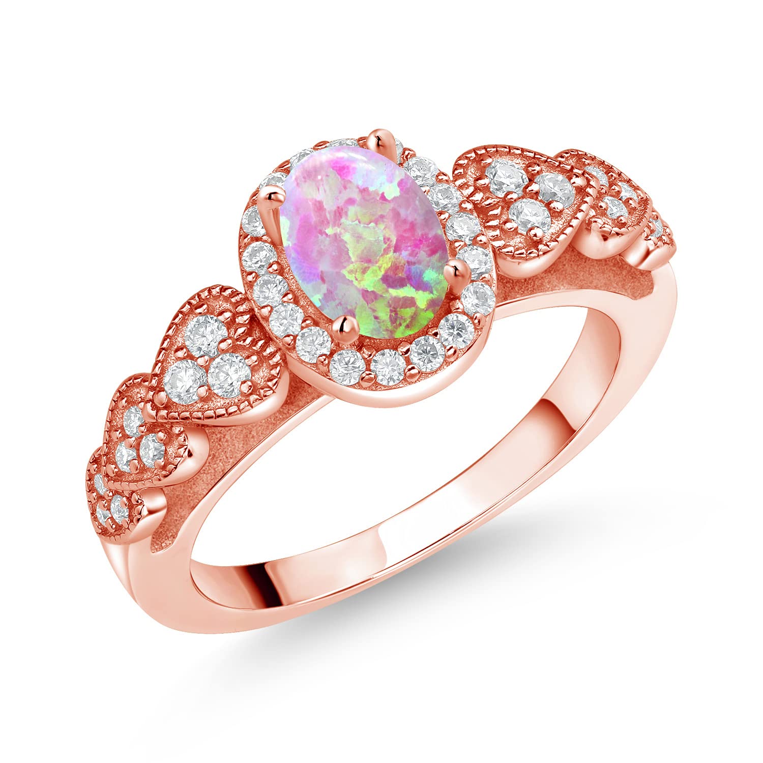 Gem Stone King 18K Rose Gold Plated Silver Heart Desing Ring Oval Cabochon Simulated Opal Moissanite (0.81 Cttw)
