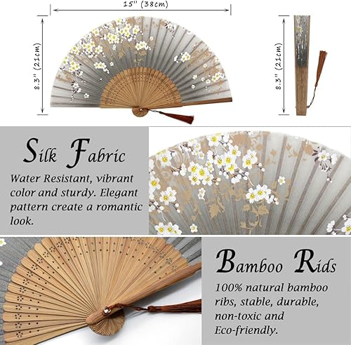 Miniatura 2 de OMyTea Abanico de mano plegable para mujer - Abanico chinojaponés plegable vintage de bambú y seda - para sofocos, Iglesia, EDM, festival de música,