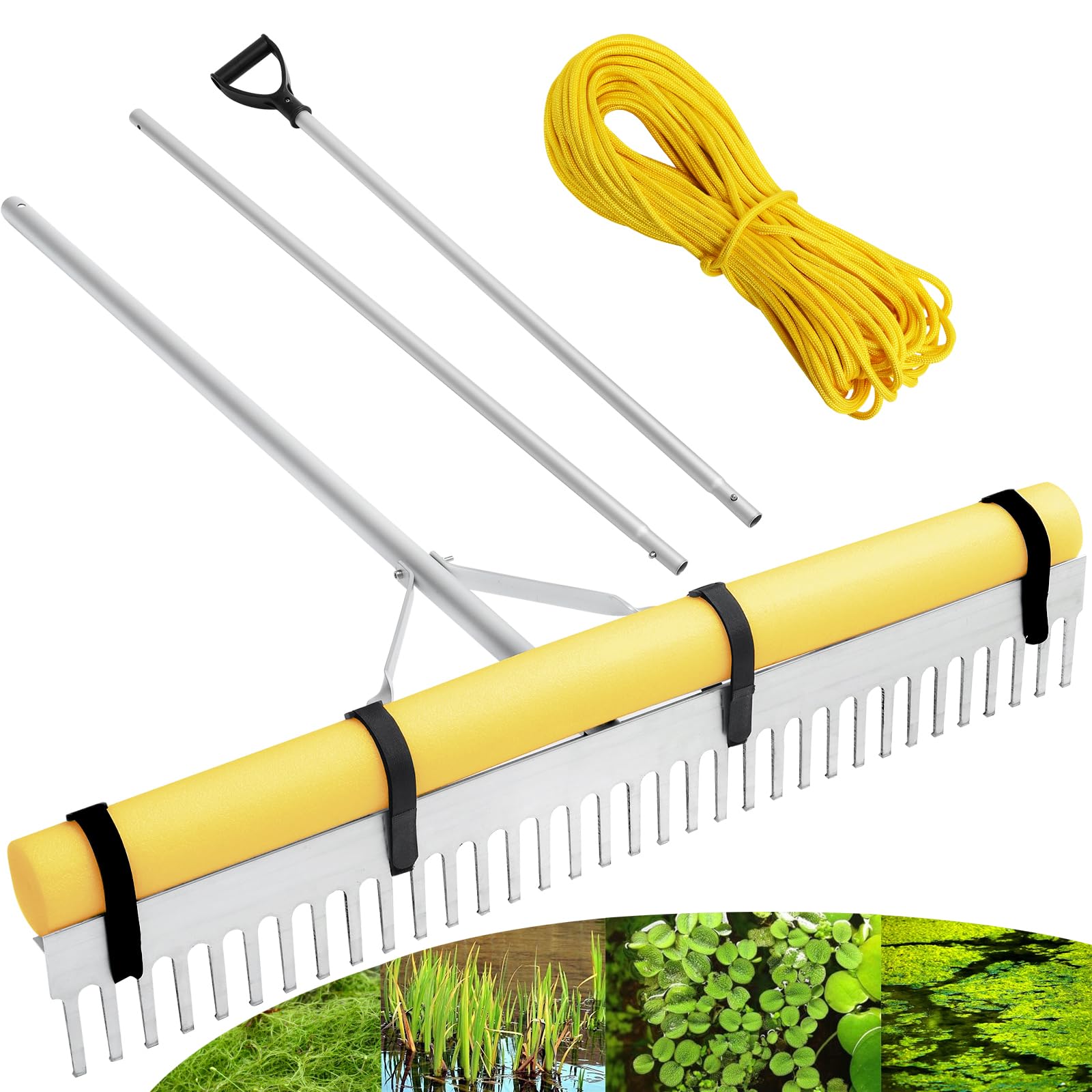 PVNIEFC Pond Rake, 36" Aluminum Landscape Rake, Floating Lake Weed Rake with 11 Ft Extension Handle and 52 Ft Rope, Aquatic Weed, Algae, Seaweed, Lily Pad Removal, Yellow