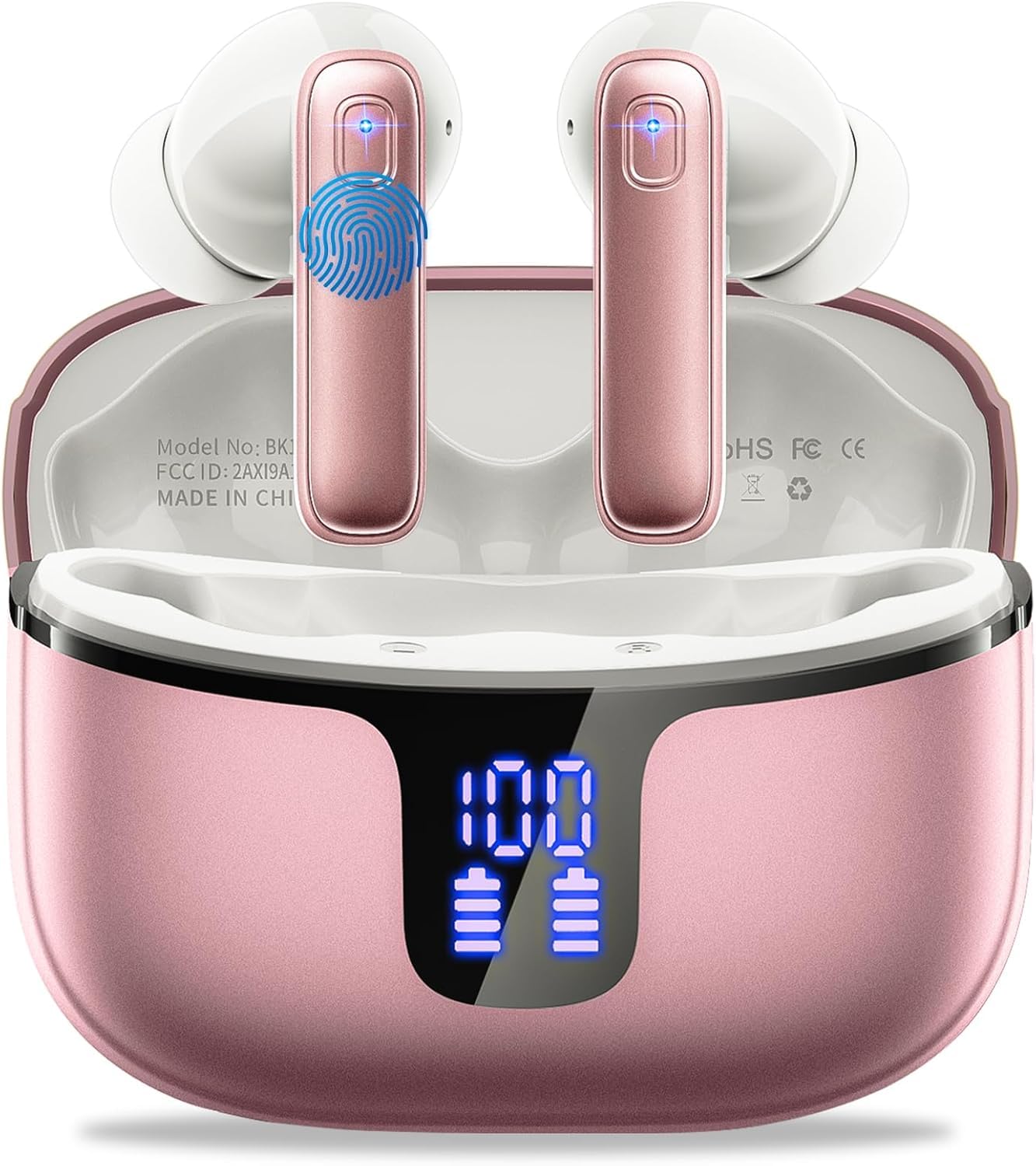 Cuffie Bluetooth, 2025 Auricolari Bluetooth 5.3 con HD Mic Stereo HiFi, Cuffie Wireless In Ear 40H LED Display Cuffiette Bluetooth IP7 Impermeabili Touch Control, Auricolari Wireless USB-C Rose Gold