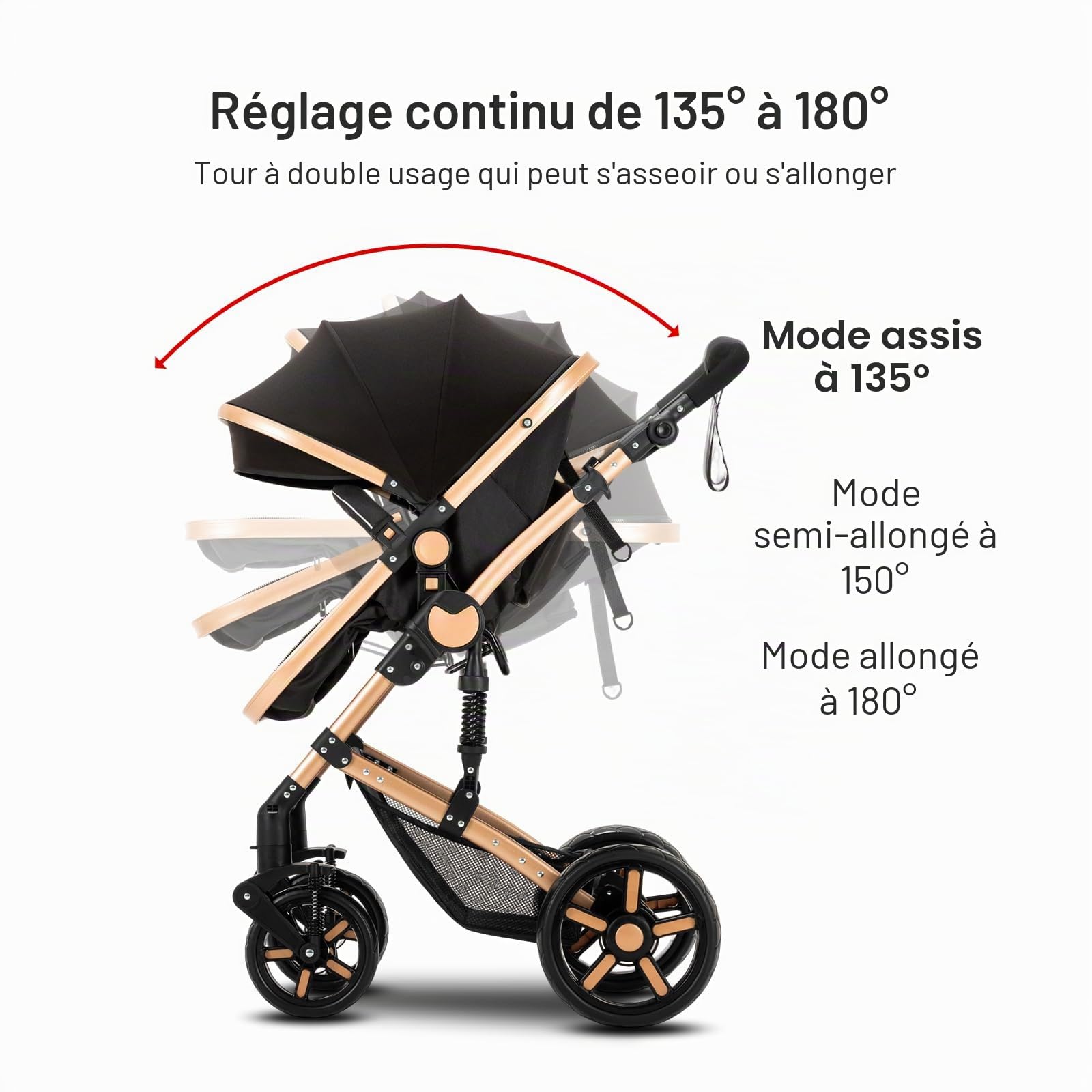Poussette 3 en 1 Pour Bébé Avec Couffin Réversible, Poussette de Voyage Compacte et Portable,Ensemble de Chariot de Voyage Léger(BLACK)