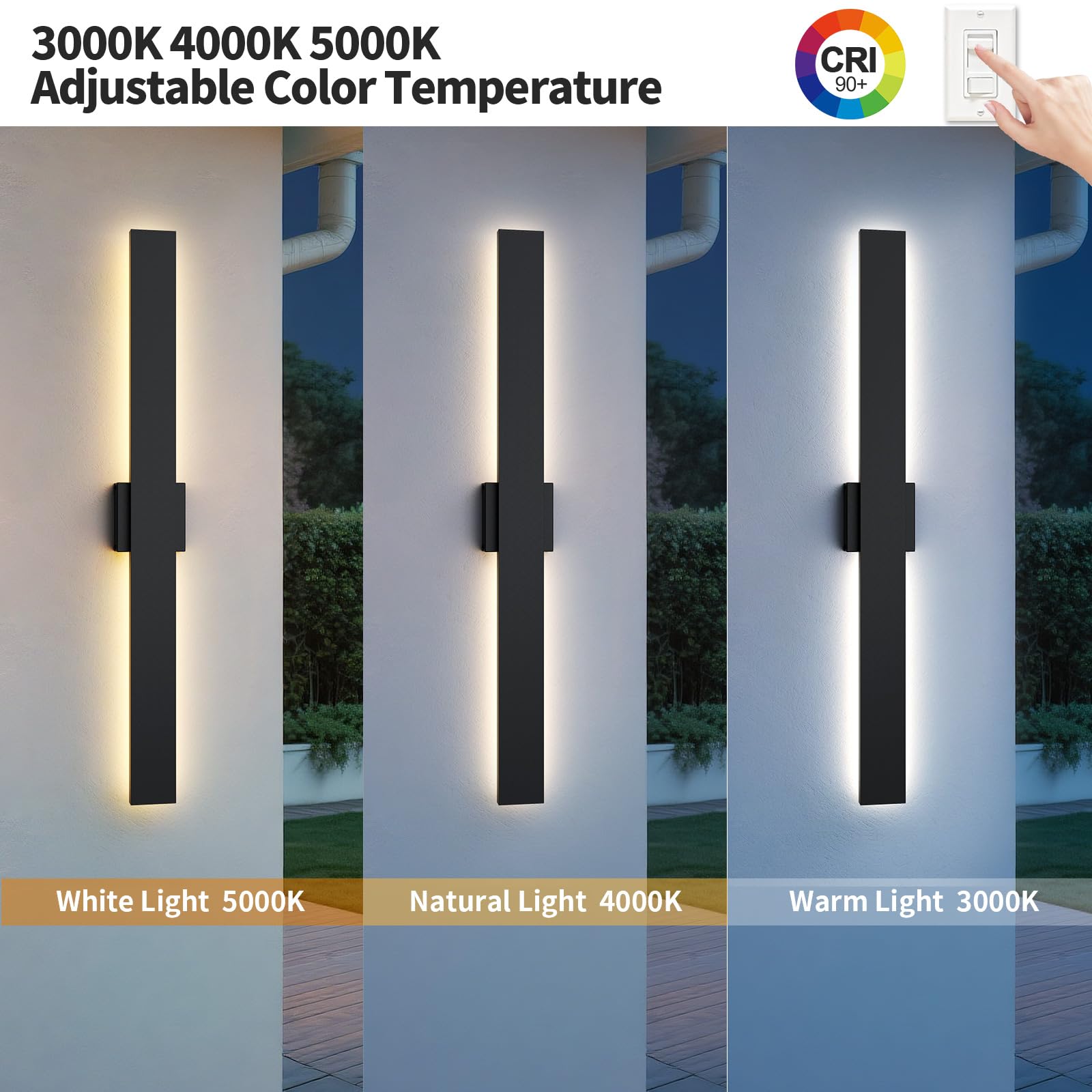 2 Pacchi 80CM Moderna Applique da Parete per Esterno, 3000K 4000K 5000K 10%-100% Dimmabile, IP65 Impermeabile Lampada da Parete Esterna per Casa, Veranda, Garage, Patio, Cortile, Ingresso Nero