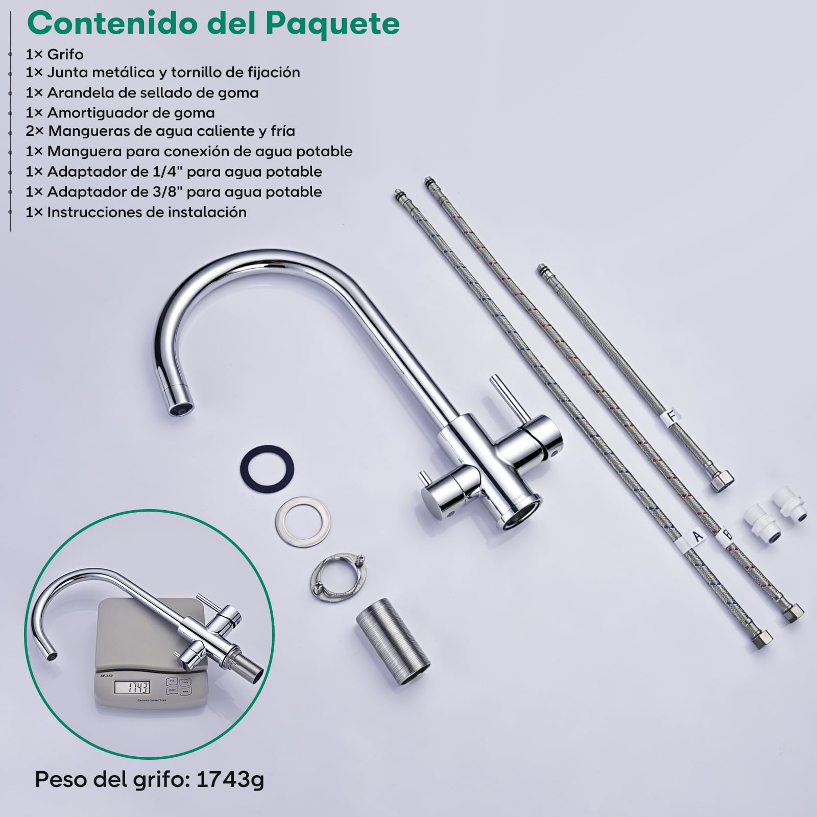 Grifo para Fregadero de Cocina de 3 Vías BuntHaus, Acero Inoxidable Cromado