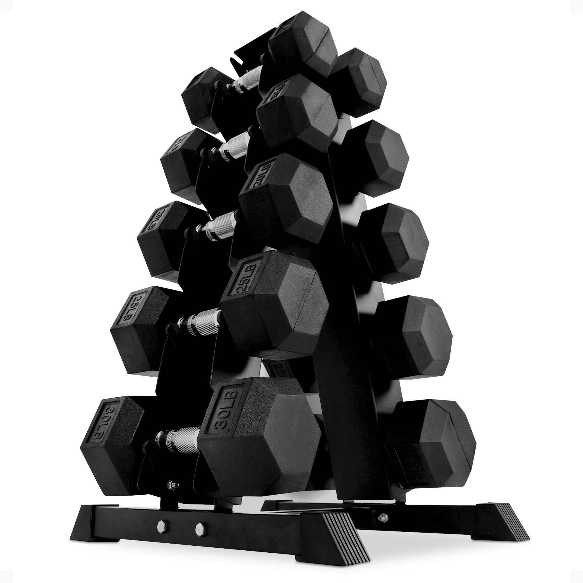 BalanceFrom Rubber Coated Hex Dumbbell Set with A-Frame Rack Black Solid Cast Iron Home Gym Weights with Chrome