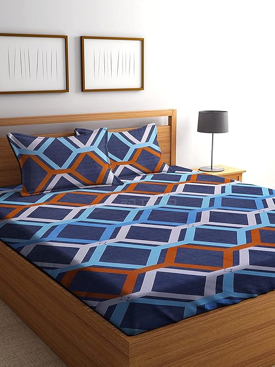 PRINDA King Size Glace Cotton Elastic Fitted Double Bedsheet with 2 Pillow Covers -(Multi Xic-Xac)