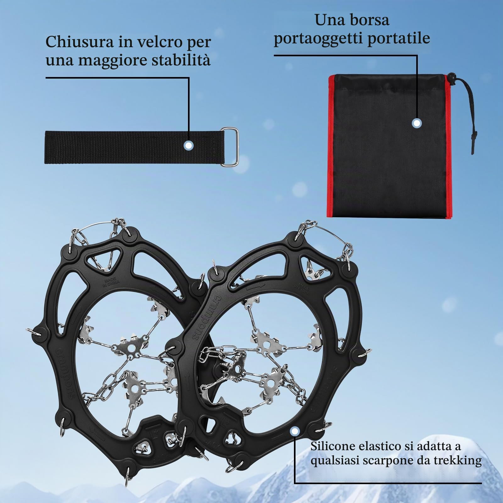 Ramponi da Ghiaccio 28 Denti – Ramponcini per Scarponi Inossidabili in Acciaio con Catene, Ideali per Trekking, Alpinismo, Campeggio su Neve e Ghiaccio