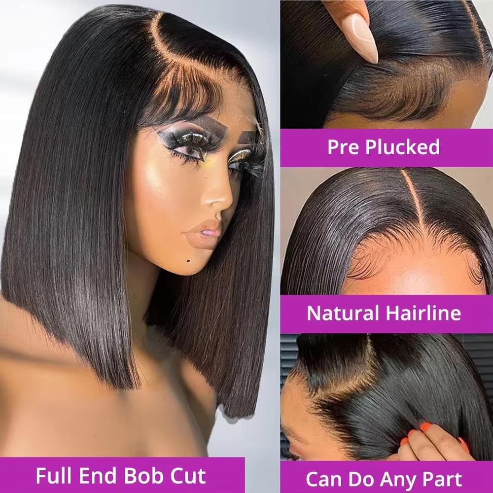 Haarpflege Kurze Gerade Bob-Perücke Mit Spitzenfront Vorgezupftes Echthaar Für Frauen(13x4,150%_10INCHES)