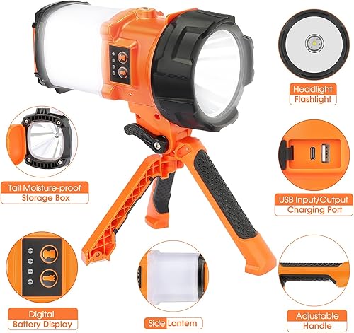 Miniatura 2 de Linterna de campamento recargable con trípode, 6 modos, linterna LED de mano con 4000 lúmenes, banco de energía de 4400 mAh, reflector impermeable