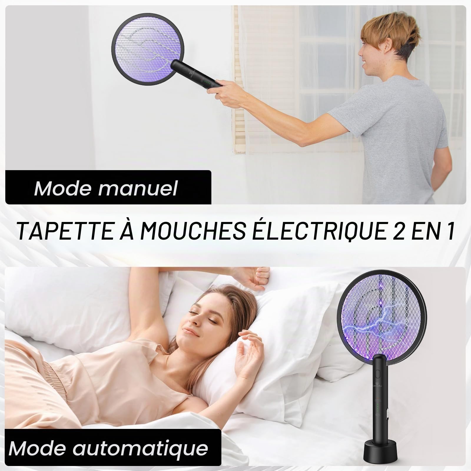 Raquette Électrique Insectes 4000V 2 PCS USB, Rechargeable | Éclairage LED, Triple Protection de Sécurité, Pour Chambre Salon Cuisine Extérieur