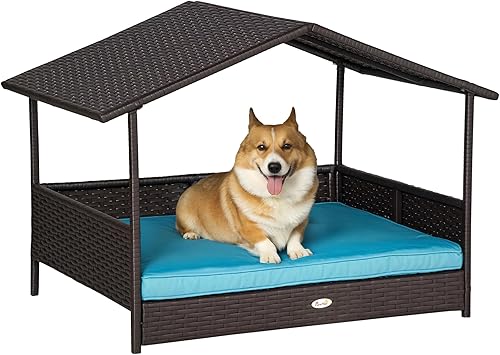 Miniatura 1 de PawHut Casa de mimbre para perros al aire libre con toldo, cama de ratán para perro con cojín resistente al agua, cama elevada para perros pequeños