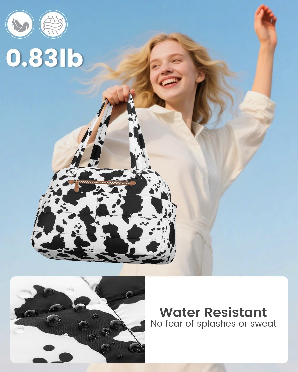 Travel Duffle Bag,Puffer Carry On Duffel Bag with Laptop Compartment Waterproof Overnight Weekender Bags for Women Large Hospital Tote Bags for Labor and Delivery(Medium,Cow Print) - Image 6