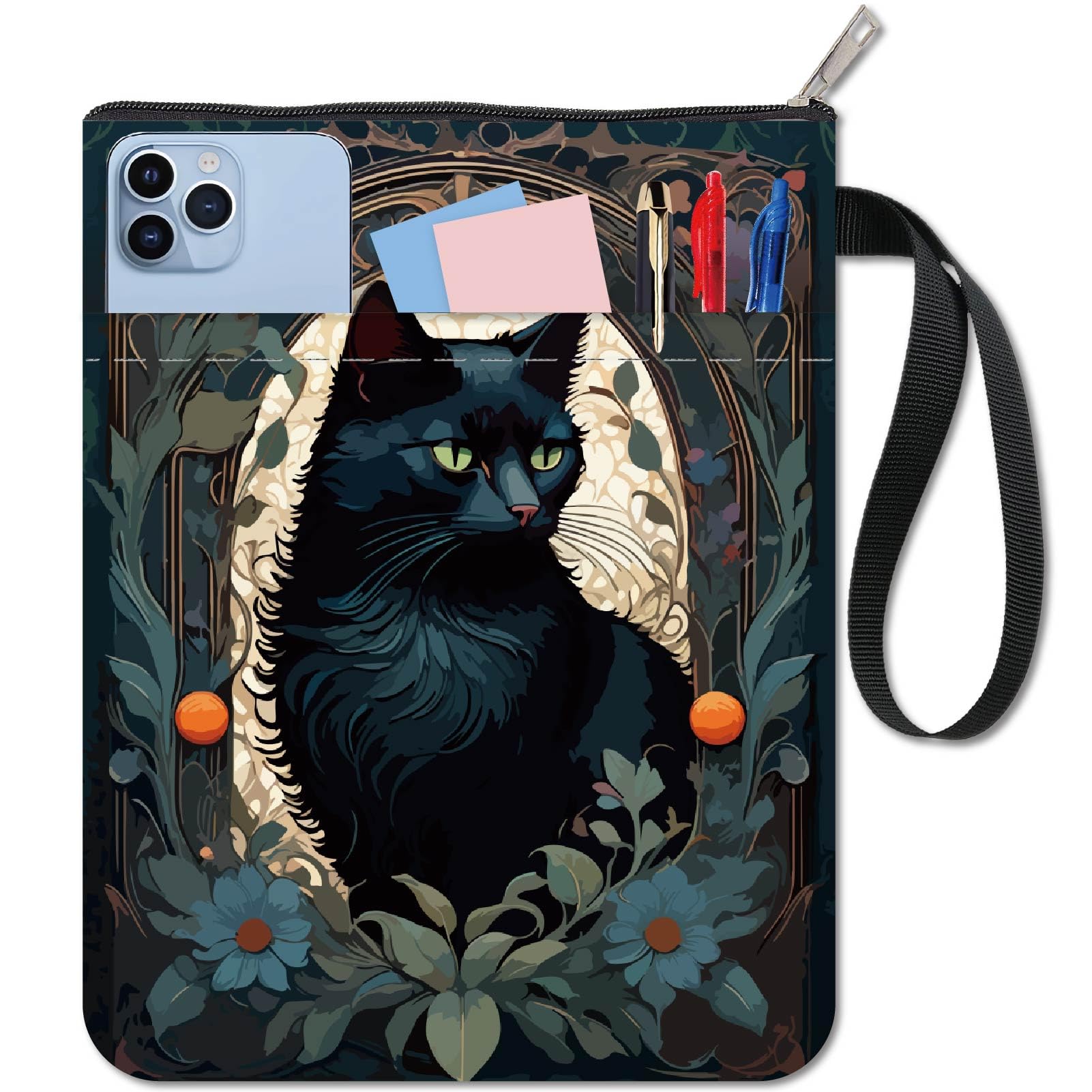 CRASPIRE Zipper Book Pouch Black Cat Book Sleeve Flower Pattern Double Sided Cloth Fabric Washable Notebook Wrap Cover with Pocket for Textbook Protection Bag Students Librarian Graduation Readers
