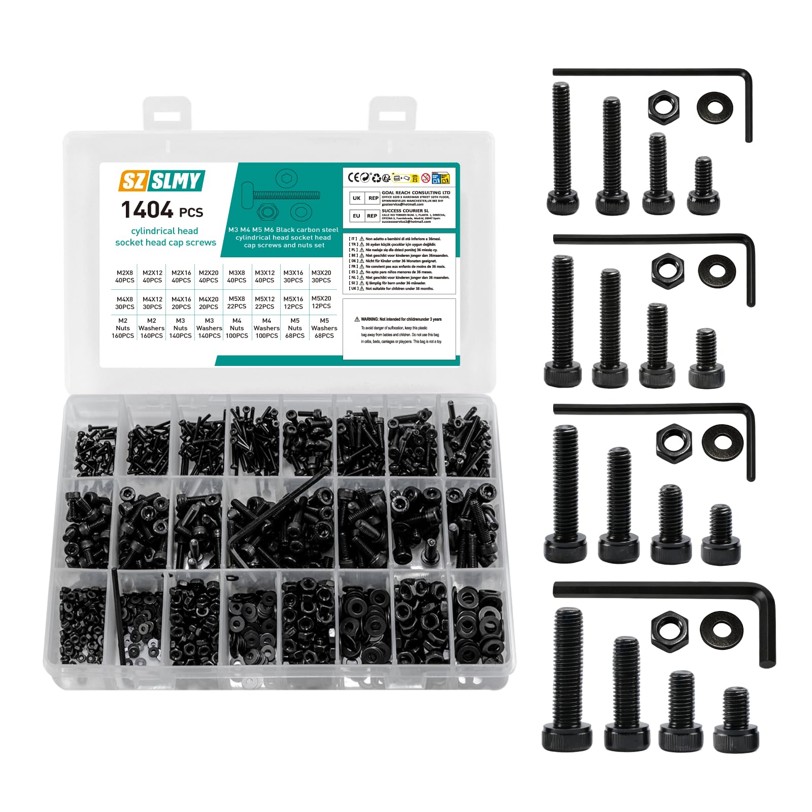 1404 Pcs M2 M3 M4 M5 Screws Set, Black Hex Socket Head Cap Bolts and Nuts Set with Washers Assortment, Machine Screws Assorted Nuts and Bolts Assortment for Home Car Repair DIY