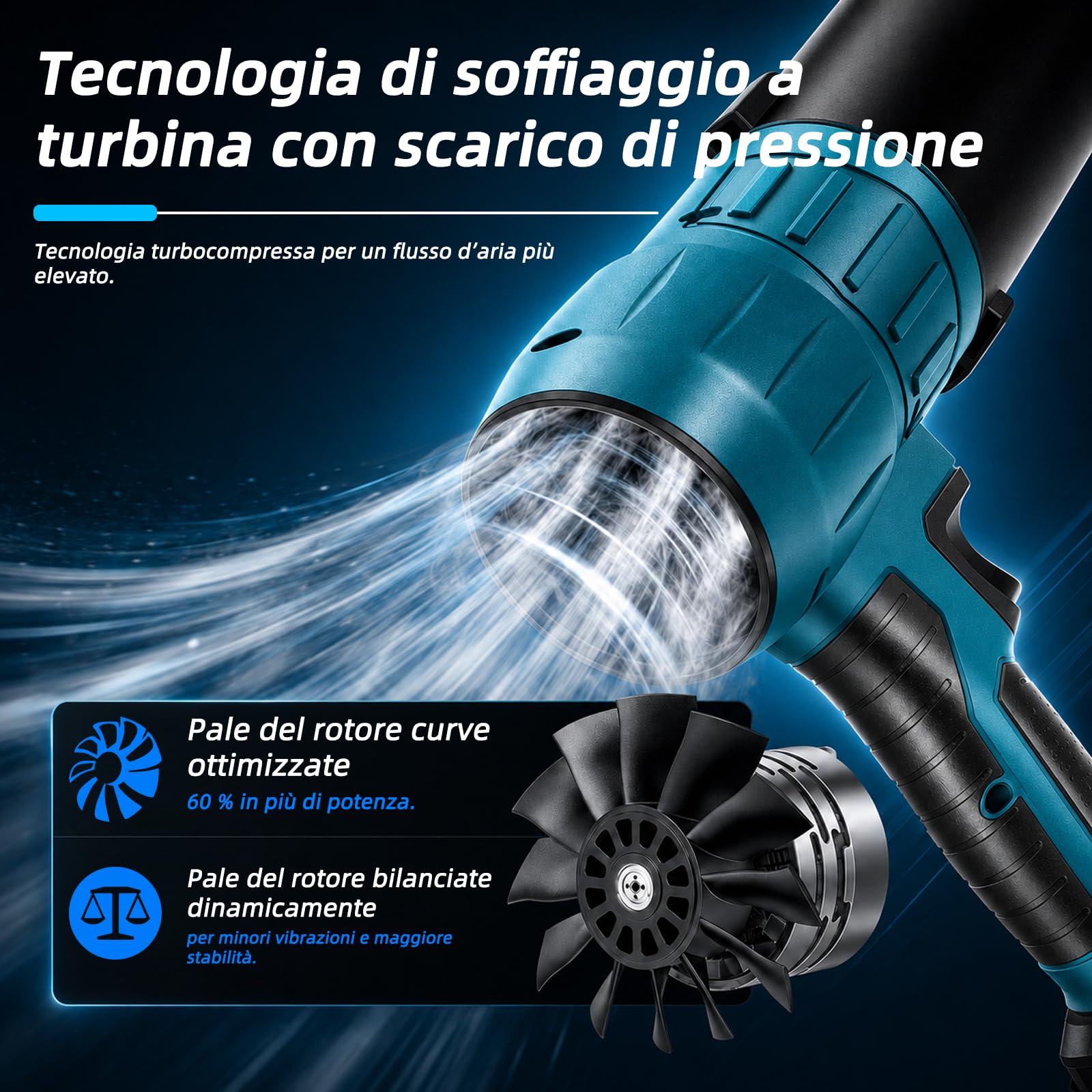 Soffiatore per foglie senza fili Turbo – 40000 giri/min, 60 m/s, 650 g – incl. 3 ugelli – Compatibile con Makita 18V – Blu (Senza batteria e caricabatterie)
