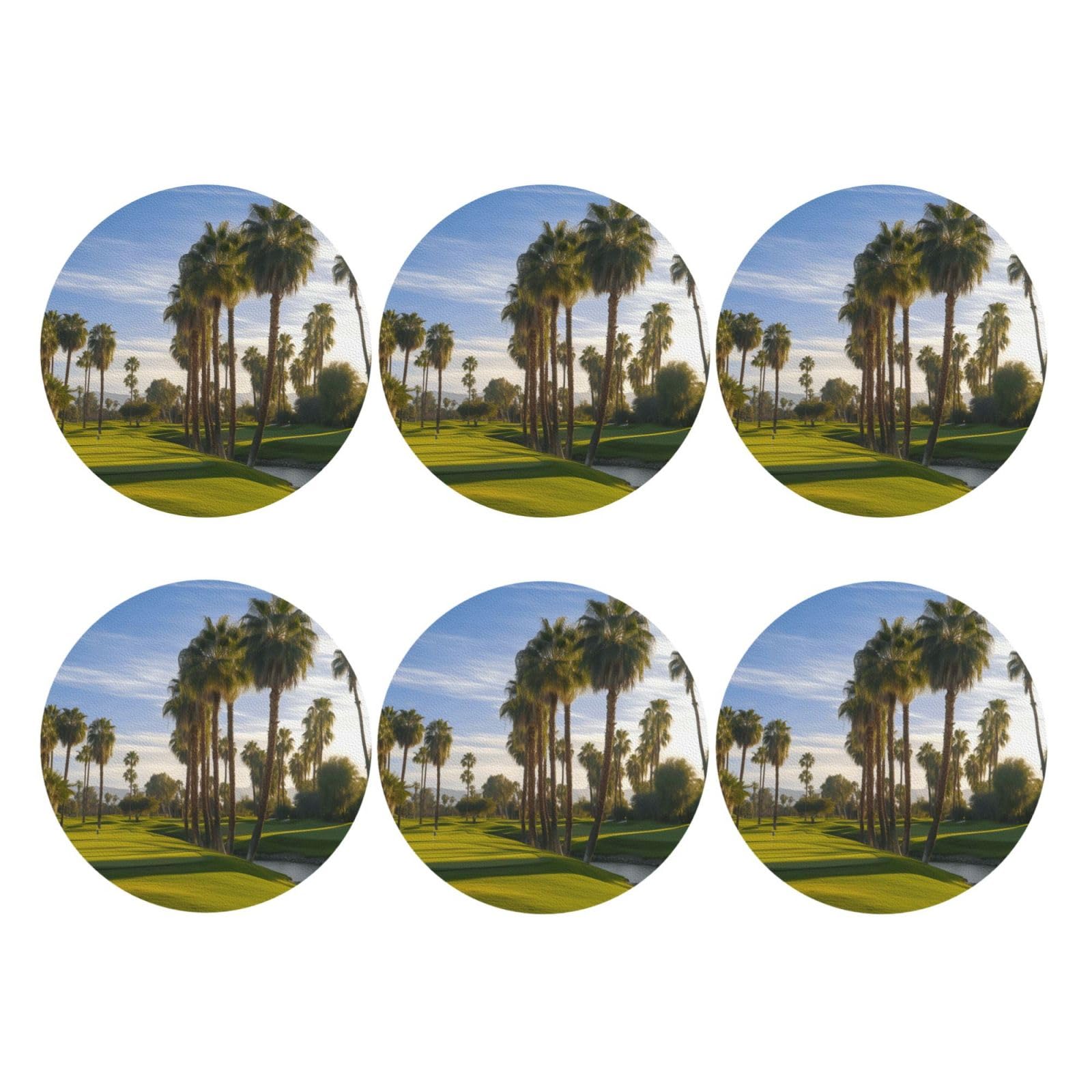 6pcs Leather Coasters for Drinks, Palm Tree Golf Course Drink Coasters for Tabletop Protection, 4" Cup Coasters for Coffee Table Decor, Non-Slip Drinking Cup Mat for Hot Or Cold Drink