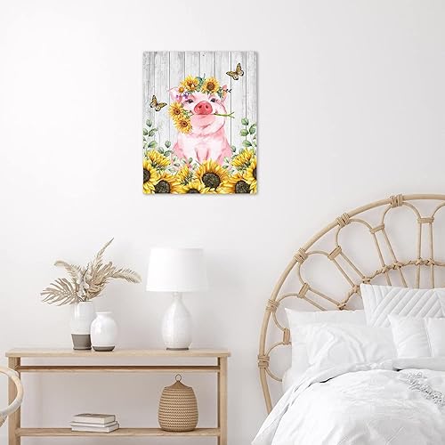 Miniatura 5 de HVEST Arte de pared de girasol de cerdo, lindo cerdo y girasoles con mariposa en tablero rústico, pintura abstracta, lienzo de granja para baño,