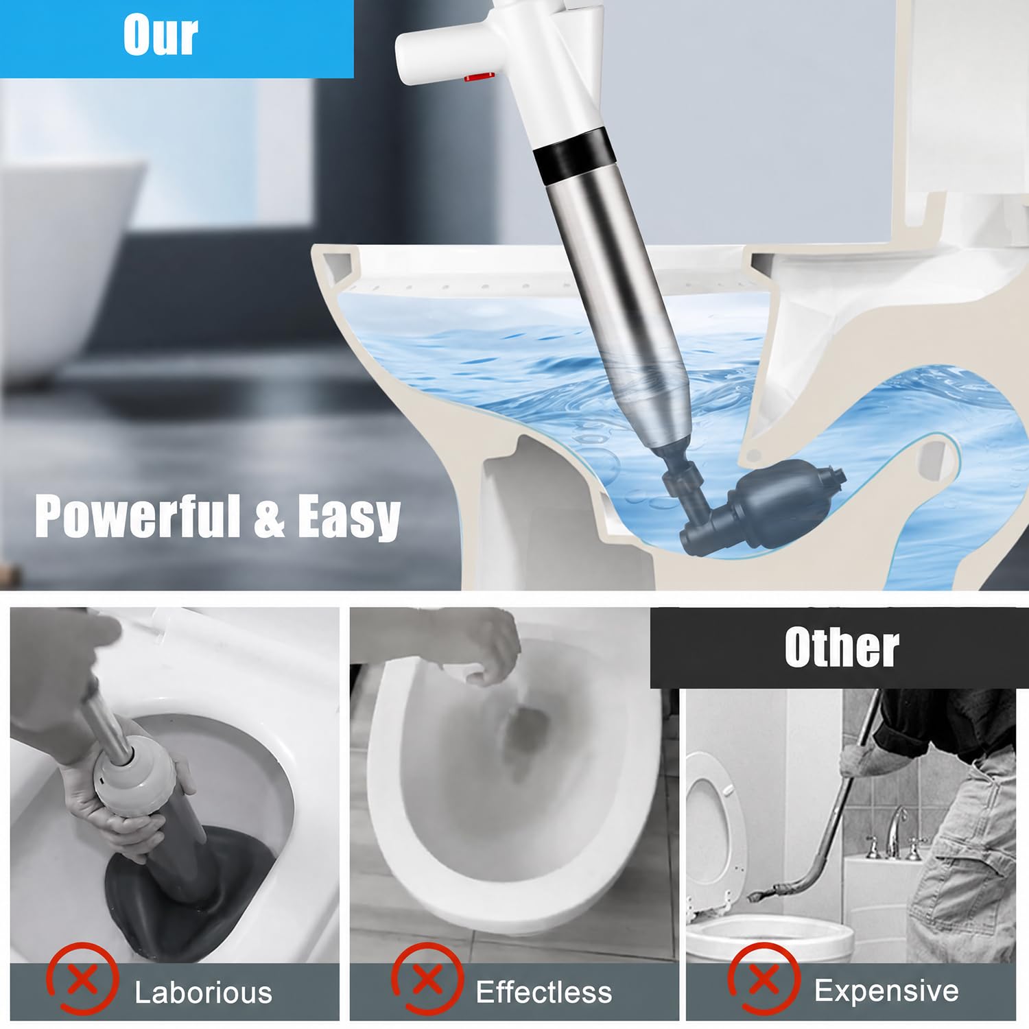 Desatascador de inodoro de alta presión rápida con barómetro, herramienta de desatasco y desatascador de drenaje de aire resistente para baño, inodoros, fregaderos, bañeras, tuberías, kit de