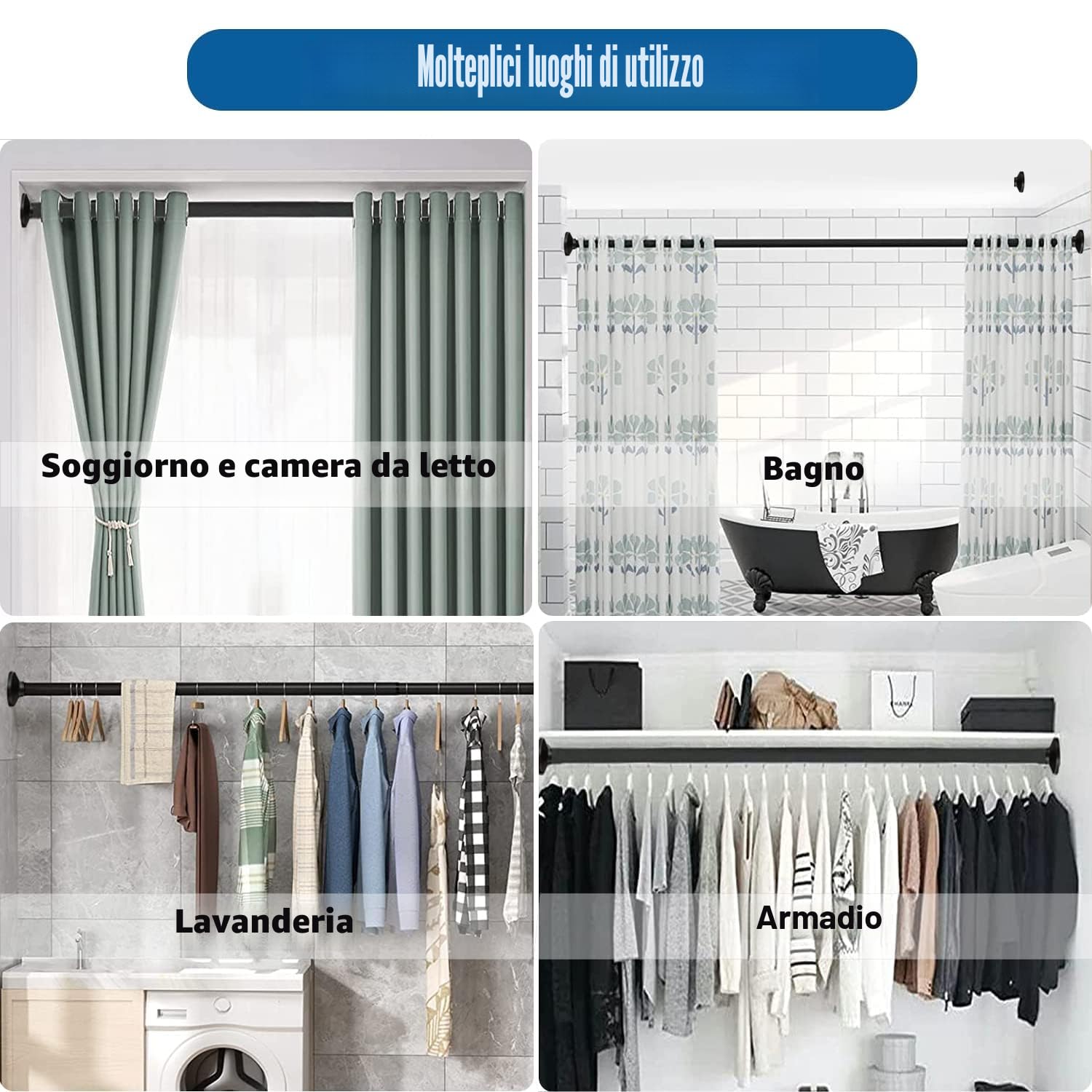 Aiitomg Asta per tende, doccia e vestiti senza fori, lunghezza 400 cm, allungabile per bagno, camera da letto, colore nero (350-405 cm Φ32 mm)