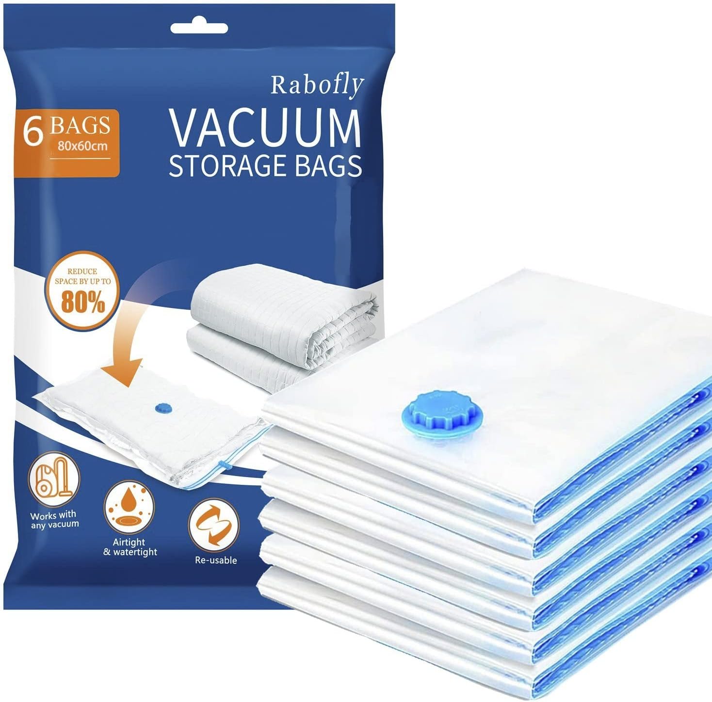 rabofly Premium Vacuum Storage Bags, 80% More Storage, 6 Pack Large Size - 80 x 60cm Double Zip Seal for Duvets, Bedding, Pillows, Clothes, Quilts, Sweater, Comforters, Suitcases