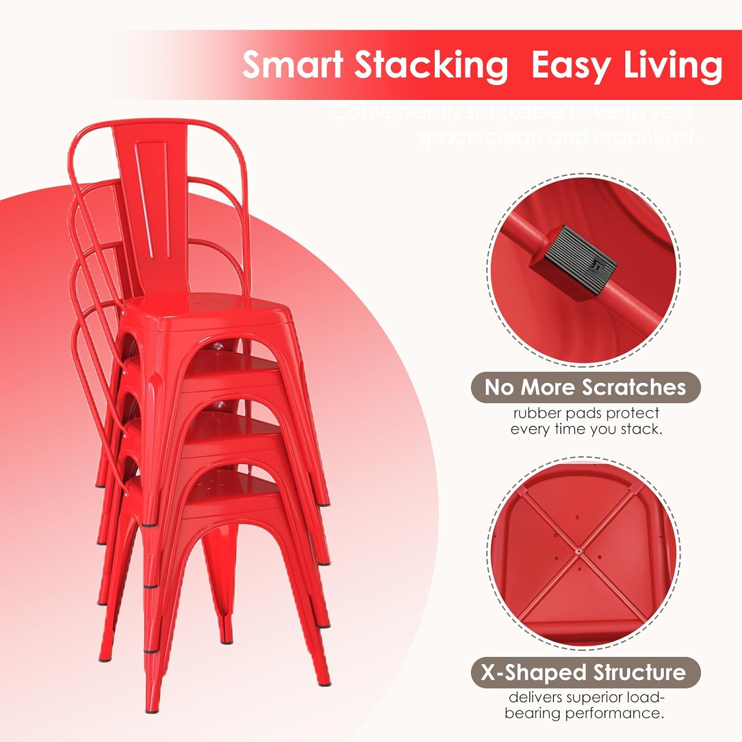 Metal Dining Chairs Set of 6, Stackable Tolix-Style Chairs with Back,Designed for Everyday Indoor Dining,Kitchen & Dining Room (Red)