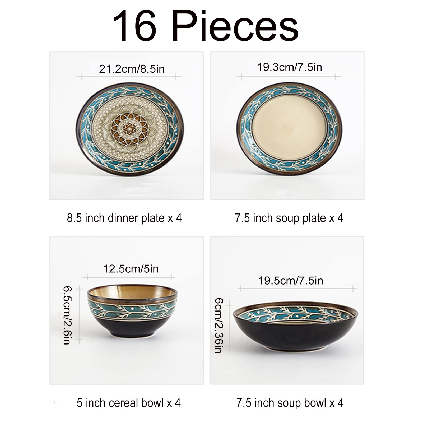 16-częściowy porcelanowy zestaw naczyń, serwis stołowy z talerzami i miskami, nadaje się do kuchenki mikrofalowej i mycia w zmywarce, nowoczesne naczynia z kamionki, zastawa stołowa dla 4