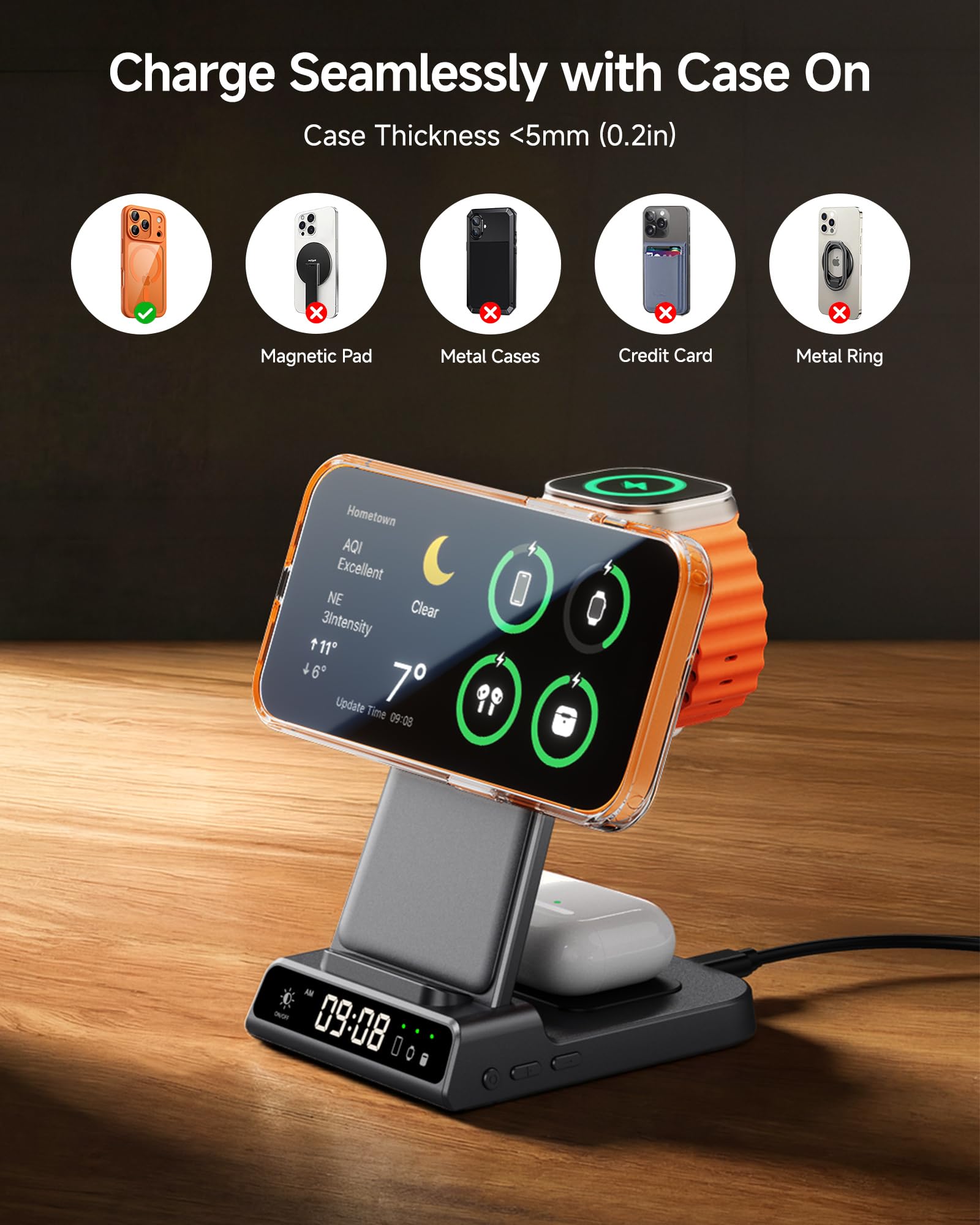 25W Induktive Ladestation Kompatibel mit MagSafe, Magnetische Schnellladestation mit Uhr für iPhone 17 Pro Max/17/16/15/14/13-Serien, Kabelloses Ladegerät für Apple Watch und AirPods, SwanScout C02M