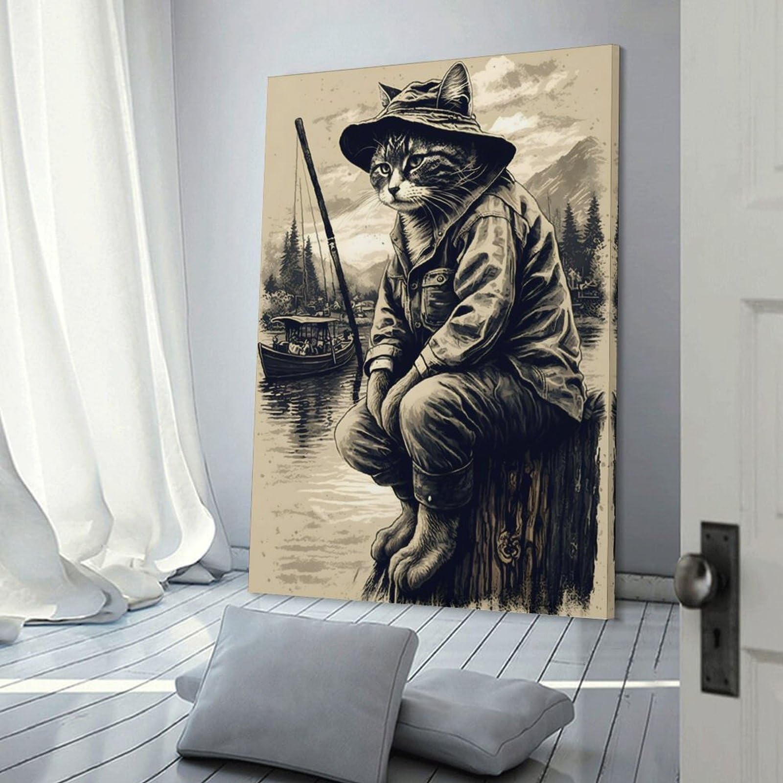 Junmoney Cat Fishing in A Lake Canvas Wall Decor 24x36inch(60x90cm), for Study, Office Or Focused Interiors, Wall Art That Adds Style to Work Areas