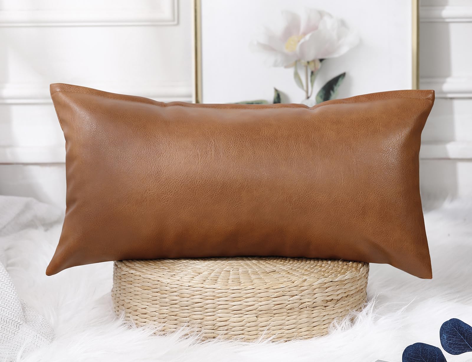 NUYECY Faux Leather Lumbar Pillow Cover 12 x 26 Inch,Decorative Long Lumbar Pillow Cover for Bed Sofa Couch Farmhouse Livingroom,Vegan Brown