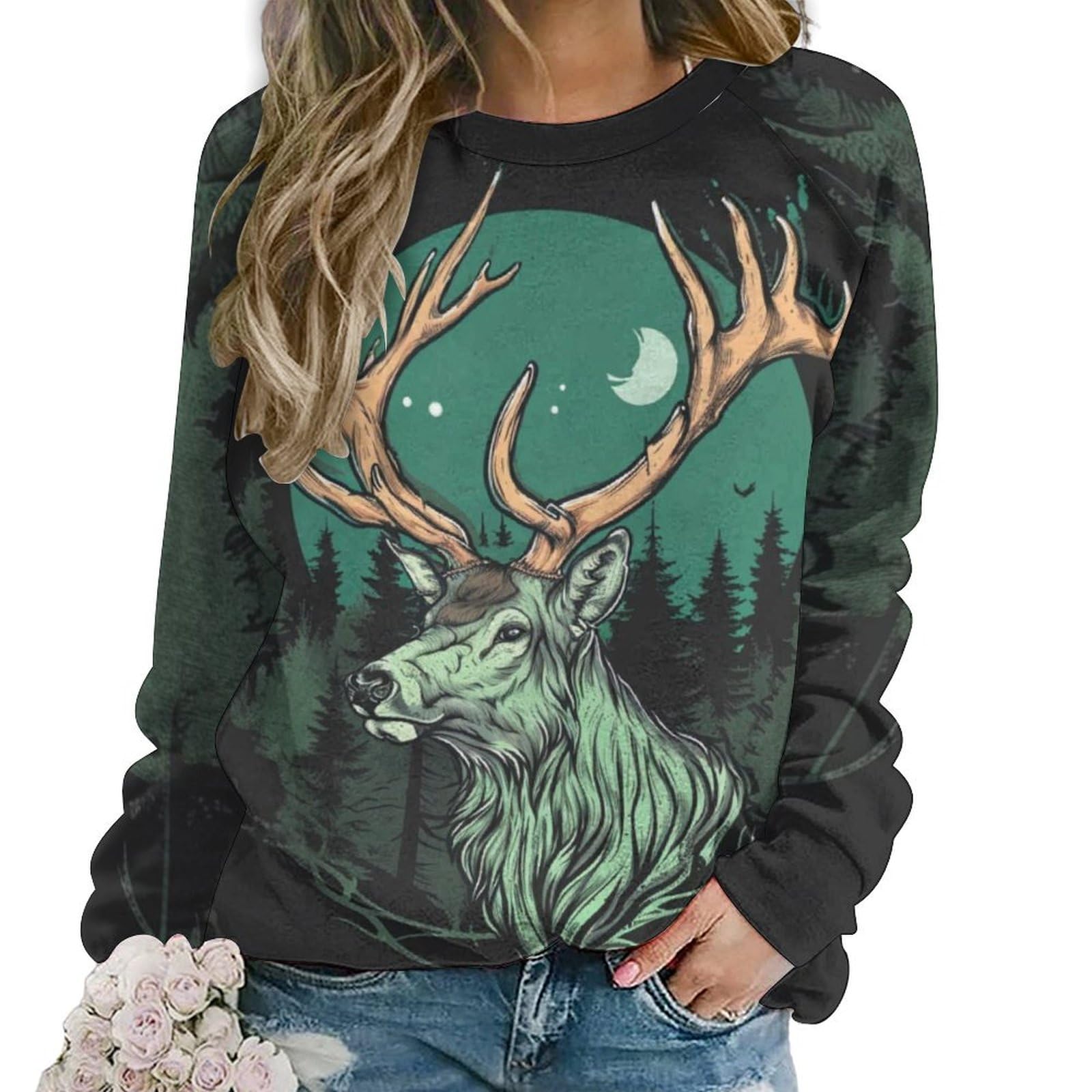 - Womens Moose Forest Sweatshirts Fall Fashion Long Sleeve Crewneck Pullover Tops Vintage Deer Graphic Shirts Oversized
