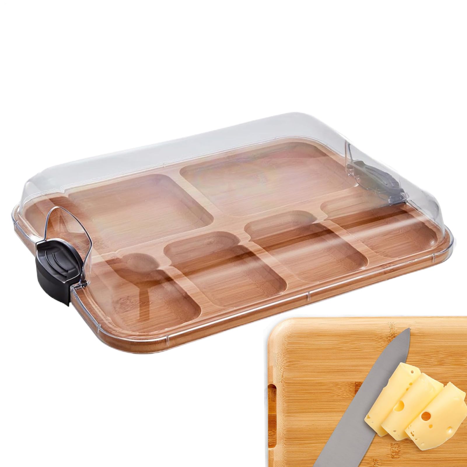 Tabla de Embutidos de Viaje con Tapa, Tablas de Cortar, Tabla de Queso portátil para Viajes, con Tapa de Bloqueo Transparente y Asas Negras, para inauguración de la casa, Bodas, picnics