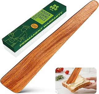 Bkiok 12 inch Teak Wood Spatula for Cooking, Non Toxic Flat Wood Flipper Spurtle, Wooden Spoon Kitchen Utensils for Flipping, Serving, Scraping & Turning