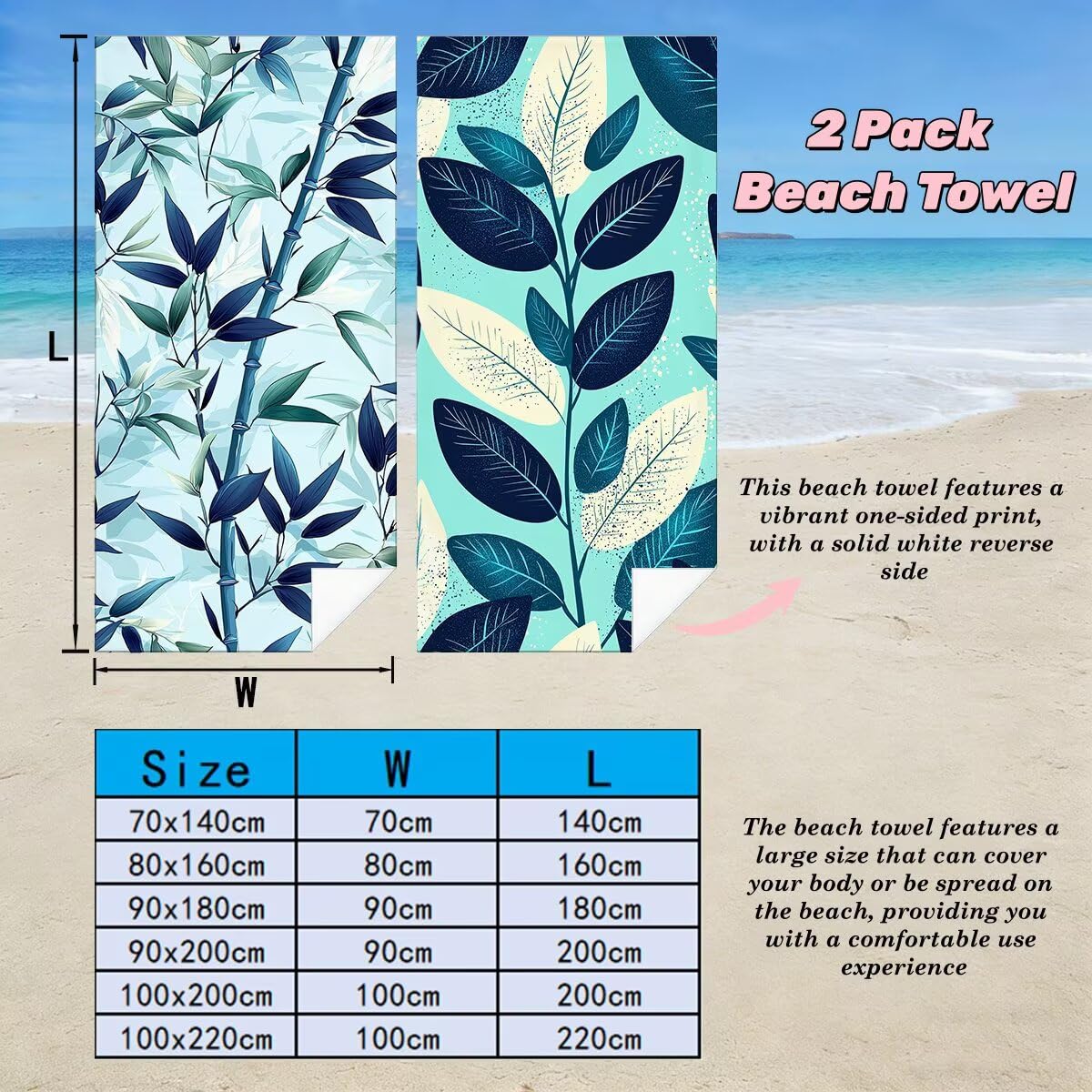 Ręcznik plażowy XXL, 100 x 220 cm, zestaw 2 sztuk, bez piasku, ręcznik plażowy, szybkoschnący, sportowy ręcznik do studia fitness, ręcznik do sauny, duży ręcznik plażowy na plażę (bambus) -3852