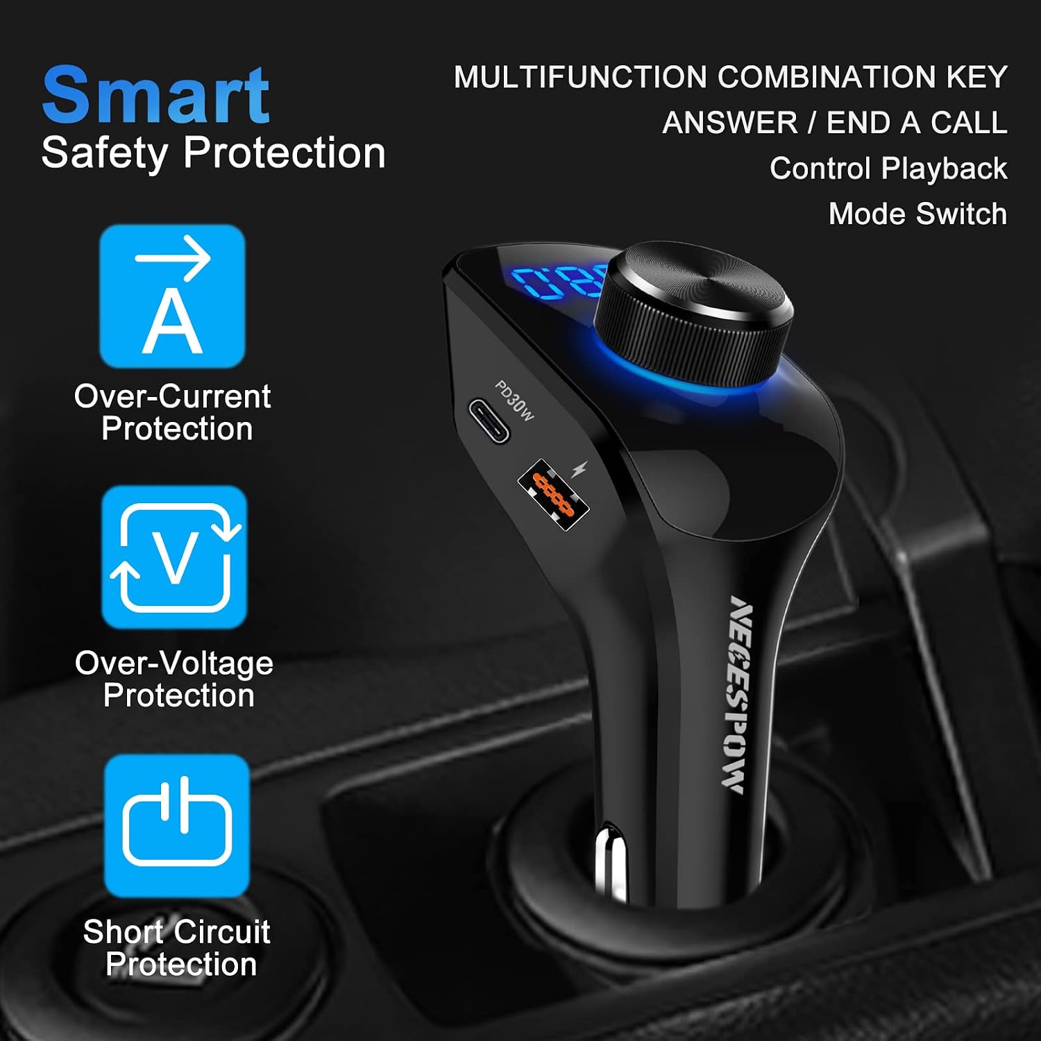 (Upgraded Version)NECESPOW Bluetooth FM Transmitter for Car, Bluetooth 5.0 Car Adapter,MP3 Player Wireless Radio Receiver Car Kit Support 48W(USB-C PD+QC3.0) Hands Free Car Charger,AUX/TF Card/U-Disk