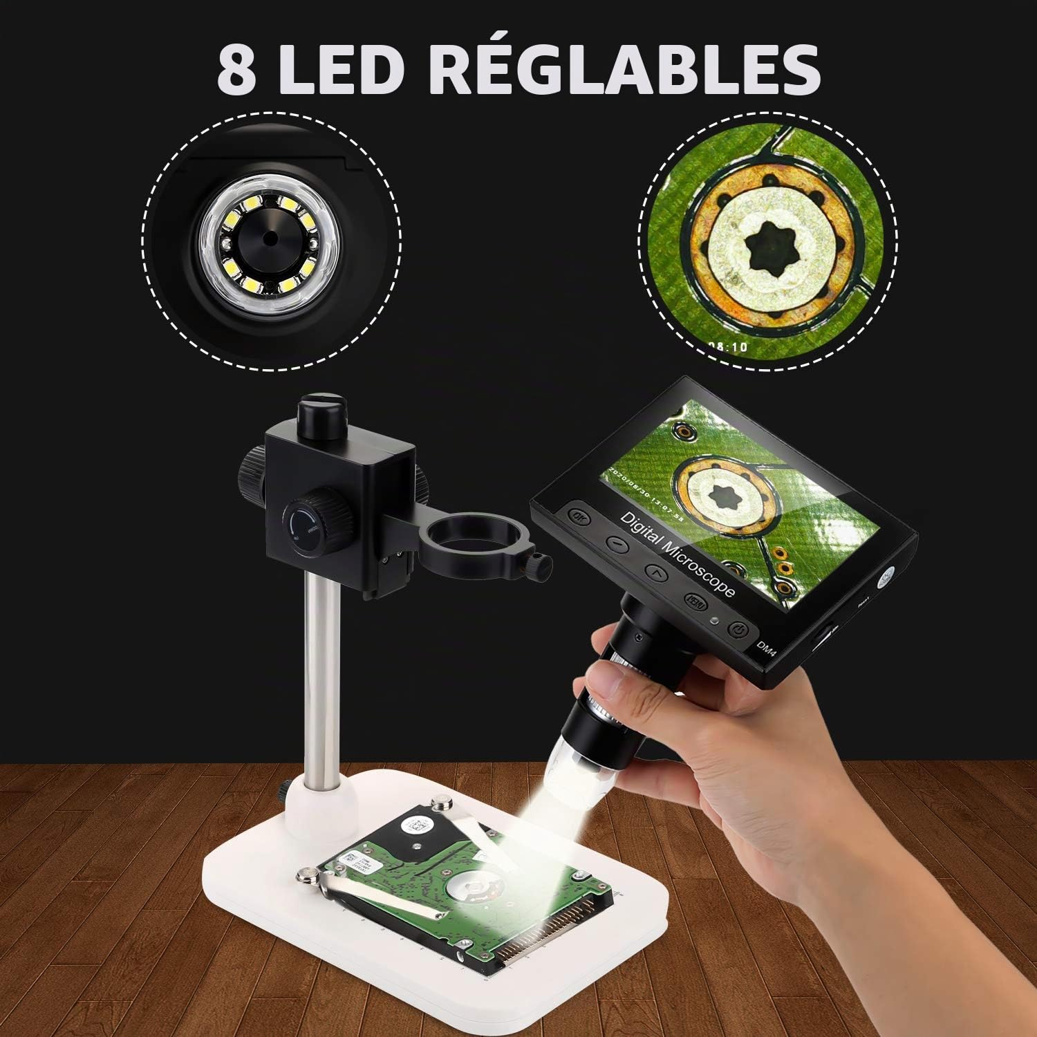 WADEO Microscope Numérique avec Écran LCD 1000 x 10,9 cm - Loupe Vidéo Électronique USB avec 8 Lumières LED Réglables et Rechargeables - Support en Métal pour Enfants et Adultes