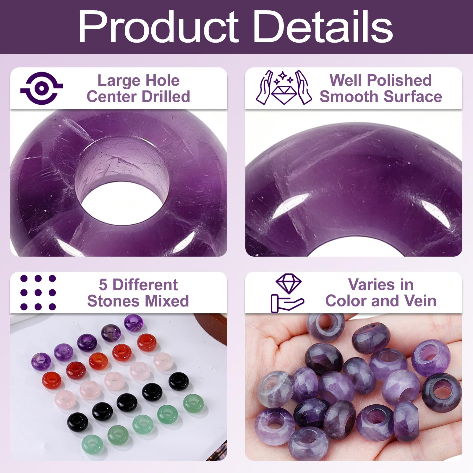 SUNYIK Rondelle Perlen für Armbänder mit großem Loch (6 mm), 25 Stück, Amethyst/Rosenquarz/grüner Aventurin/Karneol/schwarzer Achat
