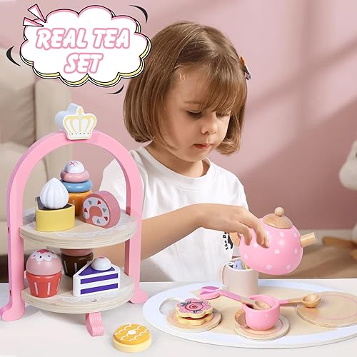 Miniatura 5 de Juego de fiesta de té de madera para niñas pequeñas, regalos para niñas pequeñas, juguetes de la hora del té de princesa, juego de té de madera,