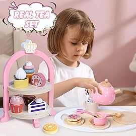 Wooden Tea Party Set for Little Girls, Toddler Girl Gifts Princess Tea Time Toys, Wooden Tea Set Food Dessert, Kids Kitchen Pretend Play, Birthday Valentines Day Gifts for Girls Age 2-5 Years Old