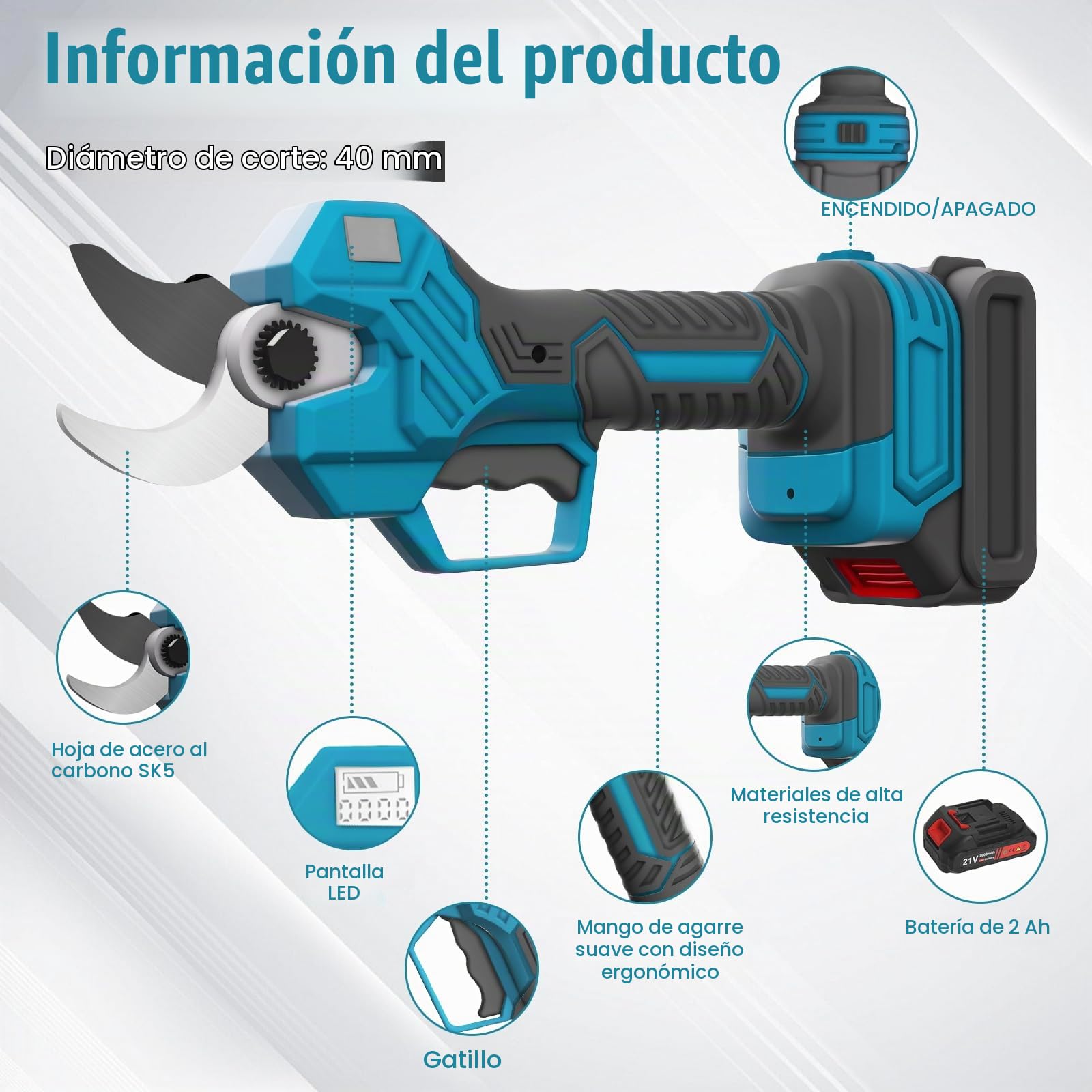 Bostar Tijera de Podar Eléctricas 40MM, Tijera de Podar Inalámbrica Profesional con LCD Pantalla/Baterías 2x2000mAh Hojas SK7 para Jardín Huerta Podar Ramas