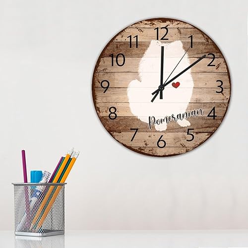 Miniatura 2 de Reloj de madera minimalista que funciona con pilas, sin tictac, analógico, pomerania, hermoso reloj de pared, silueta de beagle para mascotas,