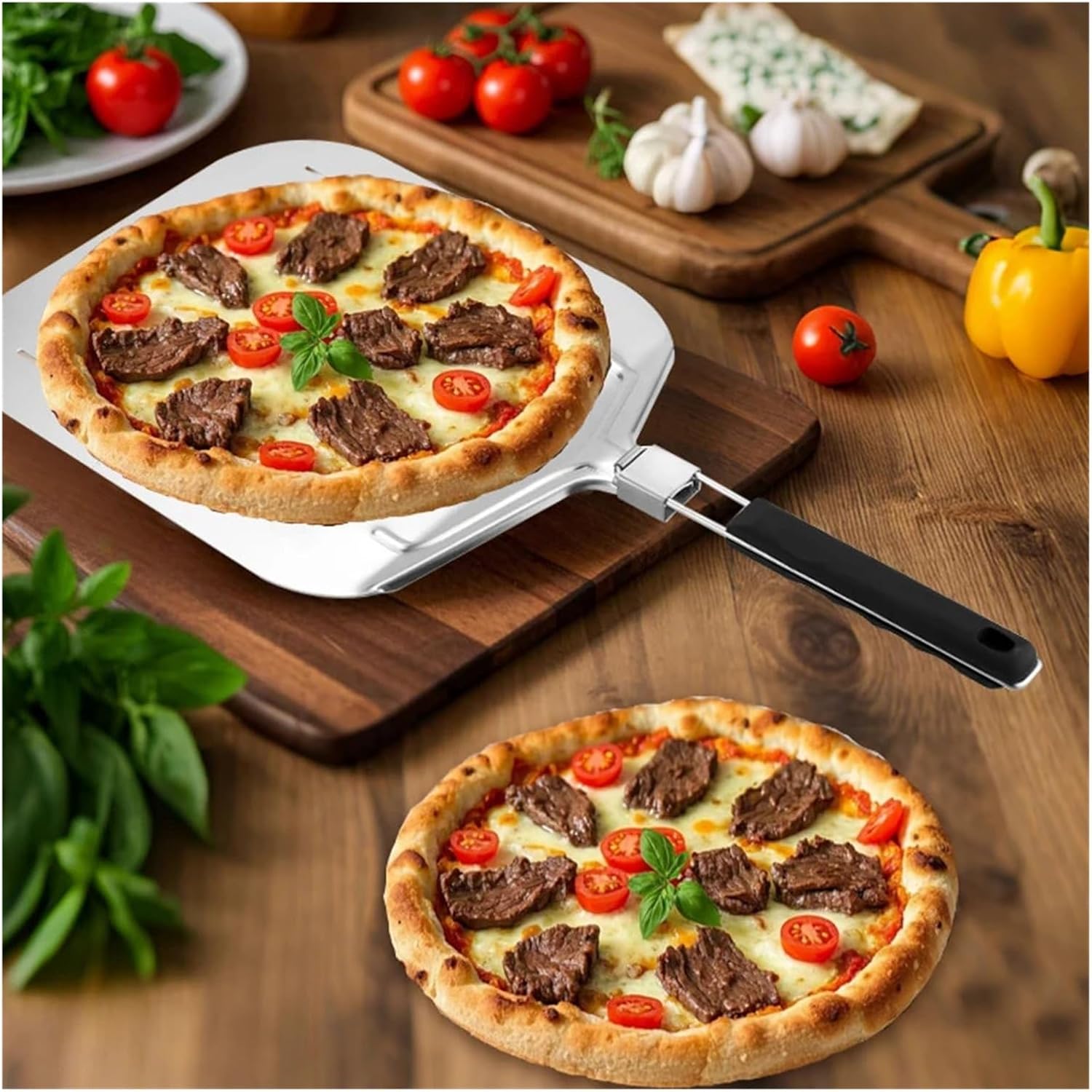 Aluminium Non Stick Pizza Peel, Perforated/Smooth Shovel With Folding Handle Baking Tool For Home Kitchen