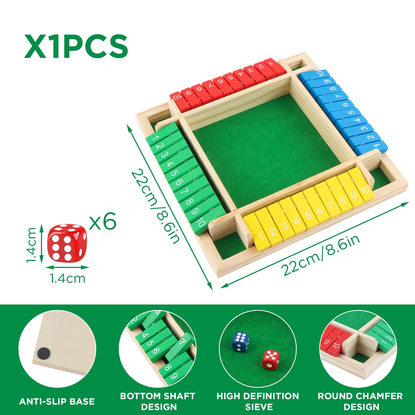 ACTOYS Shut the Box, Giochi da Tavolo, Dadi da Gioco con 2 Dadi, Gioco per 4 Giocatori, Classico Gioco da Tavolo, giochi da tavolo, Gioco di Matematica per bambini e adulti (B)