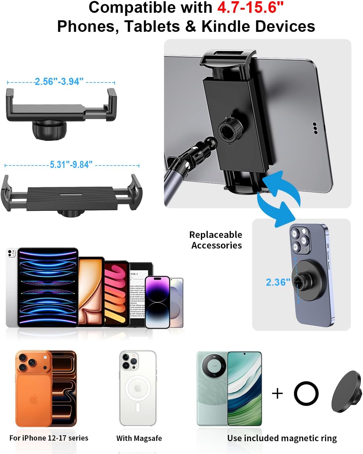 Rolling Tablet Floor Stand with Wheels, Adjustable Aluminum Arm & 360° Rotation, Magnetic Phone Holder with Remote, iPad Floor Stand for Bed, Compatible with 4.7-15.6" iPad, Phone, Kindle & Tablets