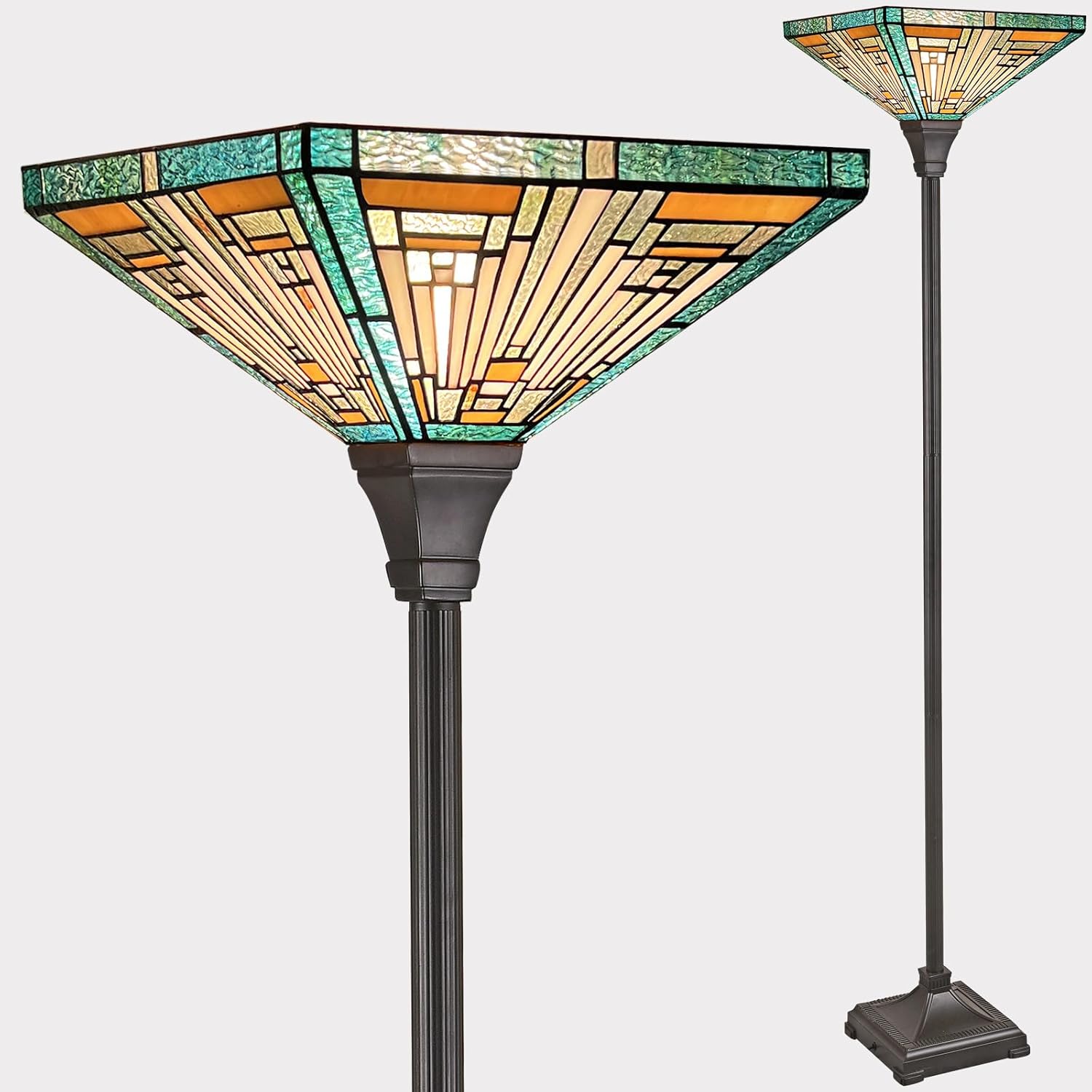 Capulina Tiffany Lamp Stained Glass Torchiere Floor Lamp 70 Inches Tall Industrial Blackish Bronze Pole Amber Green Vintage Tiffany Style Torch Standing Lamp for Living Room Bedroom Home Office