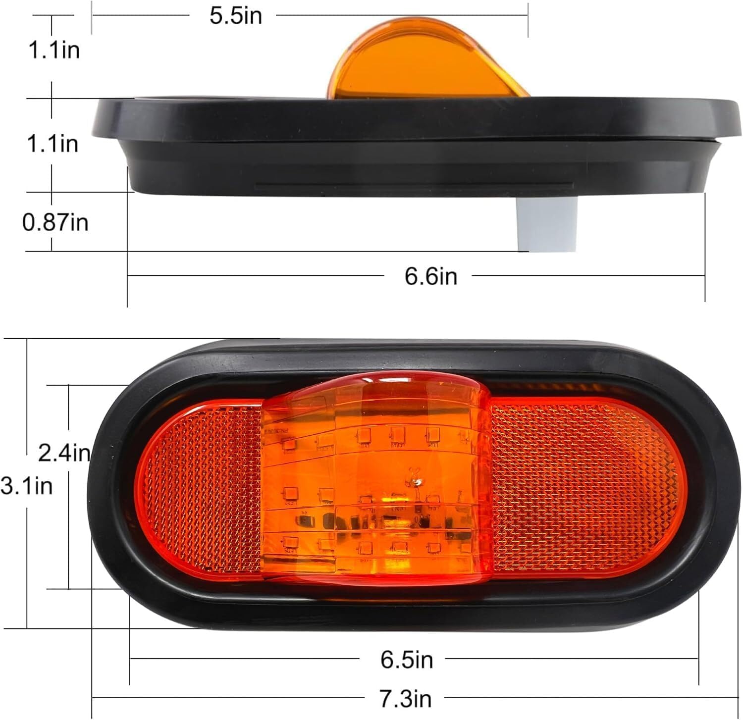 Qty 2 6" Mid Turn Signal Amber Marker Light Rubber Mount 18 LED w/Reflex Lens Universal Waterproof 6 Inch Oval Led Mid-Ship Marker and Turn Signal Semi Truck Trailer Peterbilt Kenworth Light