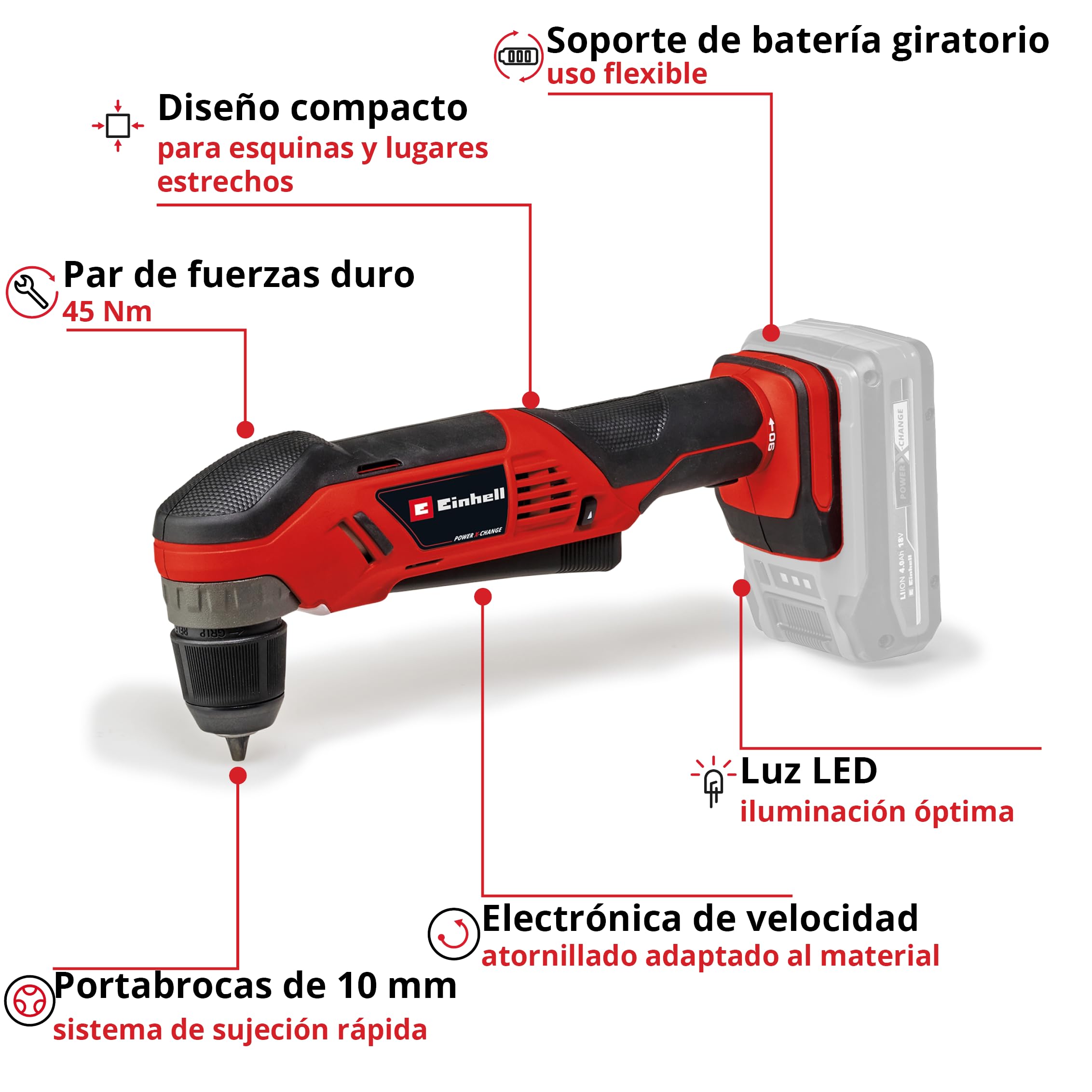 Einhell Taladro angular con batería TE-AD 18 Li-Solo Power X-Change (18 V, 45 Nm, 10 mm portabrocas de sujeción rápida, luz LED, recepción de batería giratoria, sin batería)
