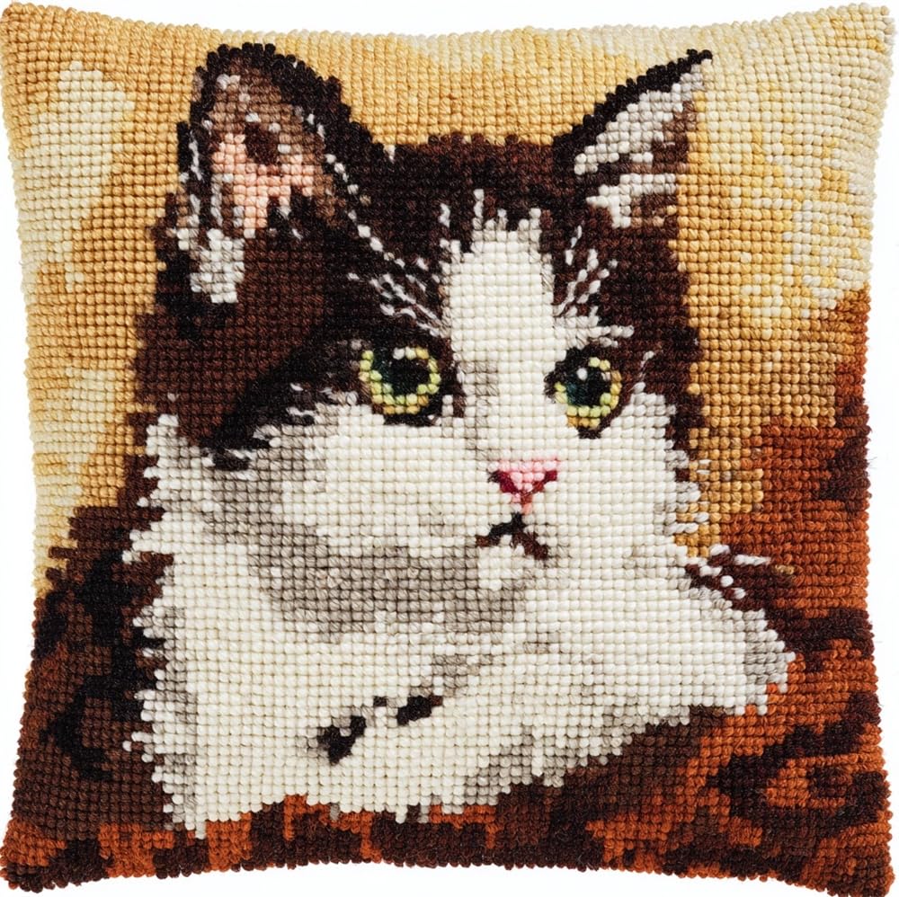 FWRTYCB 3D Pillow Latch Hook Embroidery Kits Brown White Cat Scottish Cush